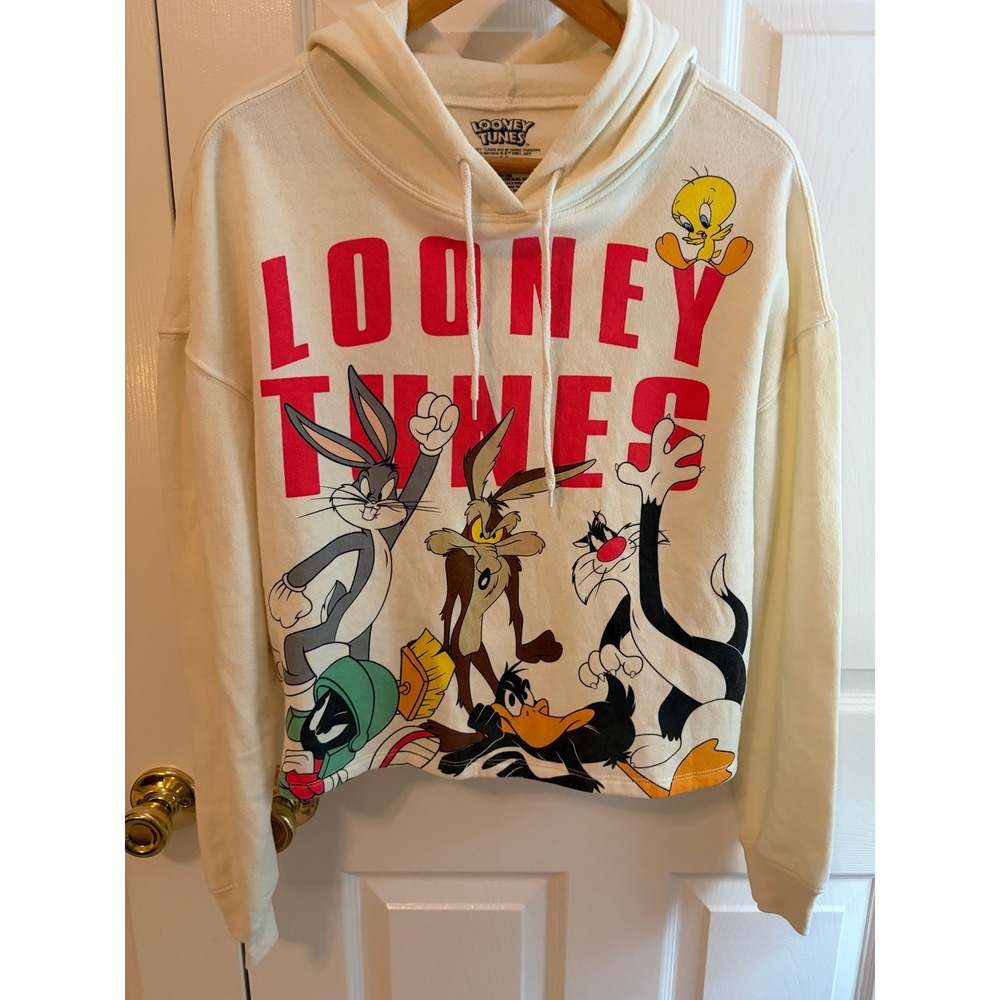 Looney Tunes Graphic Cropped Hoodie Cream Bugs Bunny Daffy Duck Medium